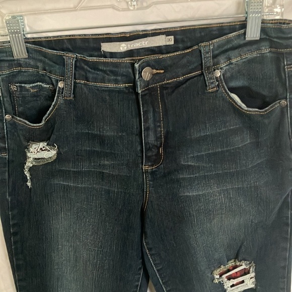Tractr: Stretchy Skinny Jeans with red flannel covered holes- 30 - Picture 8 of 16